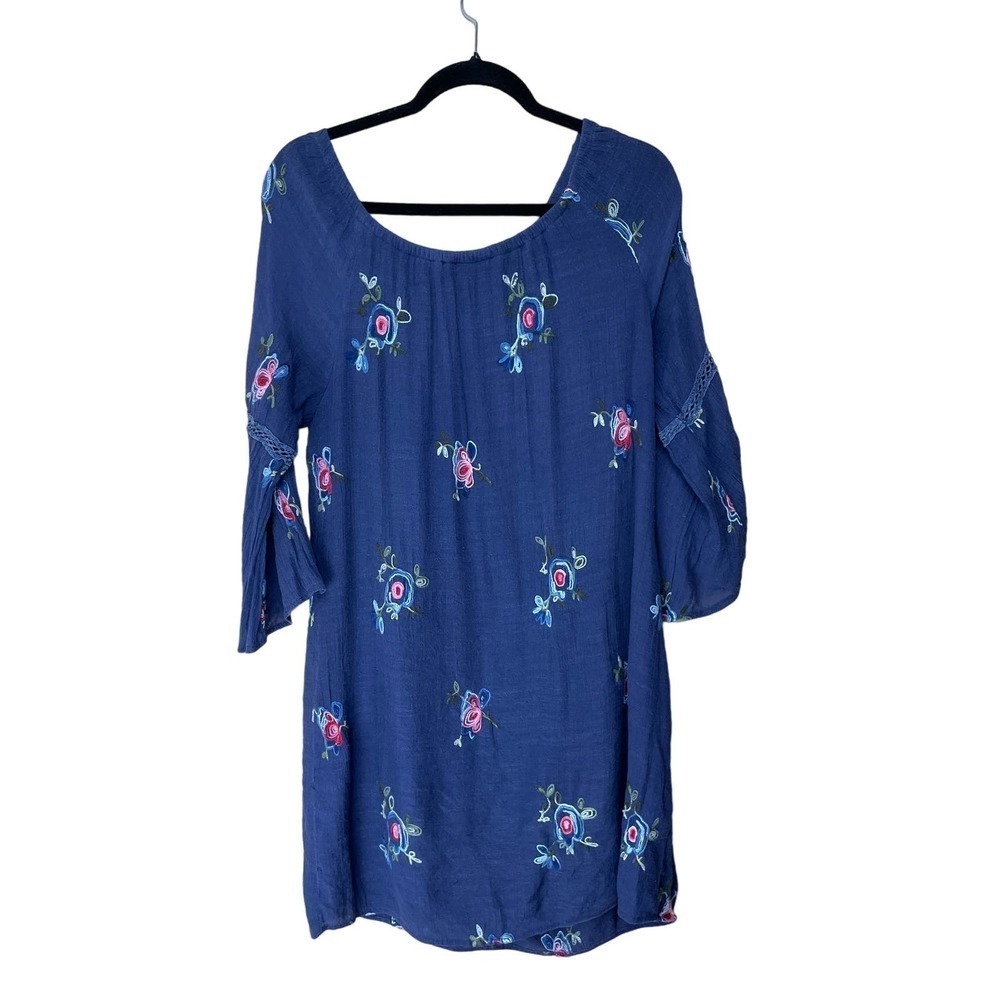 Fig and Flower Blue Tunic Dress, Embroidered, XL